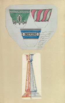 Three Designs for Decorated Cups and Two Designs for a Candlestick, 1845-55. Creator: Alfred Crowquill