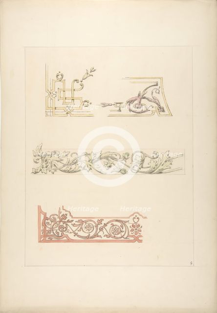 Three designs for decorative borders, 1830-97. Creators: Jules-Edmond-Charles Lachaise, Eugène-Pierre Gourdet.