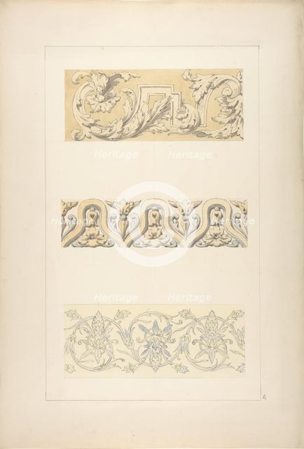 Three designs for decorative borders, 1830-97. Creators: Jules-Edmond-Charles Lachaise, Eugène-Pierre Gourdet.