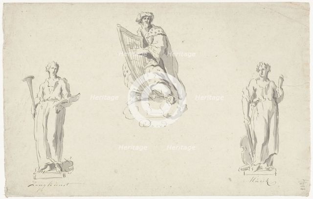 Three designs for organ decoration: Singing, King David and Music, 1741-1801. Creator: Anthony Ziesenis.