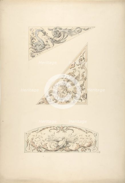 Three designs for painted decorative motifs featuring griffins and scrollwork, 1830-97. Creators: Jules-Edmond-Charles Lachaise, Eugène-Pierre Gourdet.