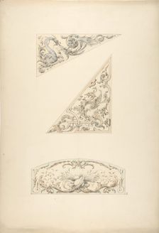 Three designs for painted decorative motifs featuring griffins and scrollwork, 1830-97. Creators: Jules-Edmond-Charles Lachaise, Eugène-Pierre Gourdet