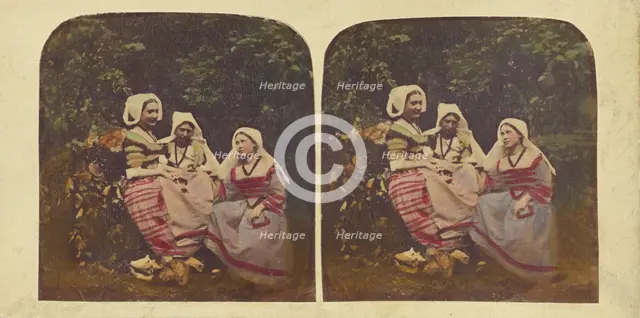Three European women in native costumes, about 1860. Creator: D.X..
