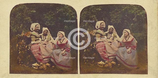 Three European women in native costumes, about 1860. Creator: D.X..