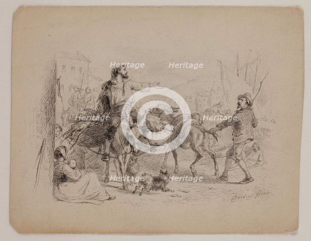 Three Figures, Two Donkeys, Two Dogs, late 19th century. Creator: Felix Octavius Carr Darley.