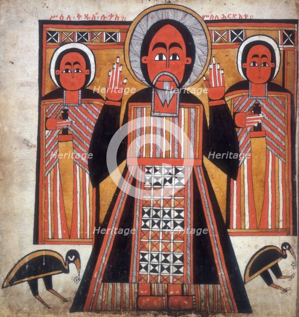 Three figures, two with swords. Creator: Unknown.