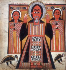 Three figures, two with swords. Creator: Unknown