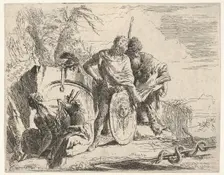 Three figures and a snake coiled around a staff, surrounded by a landscape, the ce..., 18th century. Creator: Giovanni Battista Tiepolo