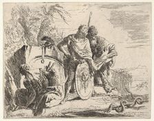 Three figures and a snake coiled around a staff, surrounded by a landscape, the ce..., 18th century. Creator: Giovanni Battista Tiepolo