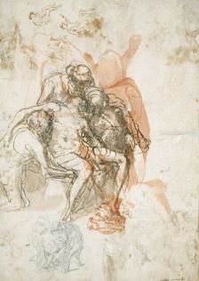 Three Figures Supporting a Man, Smaller Sketch of the Same, and Studies for the..., c.1558. Creator: Taddeo Zuccaro