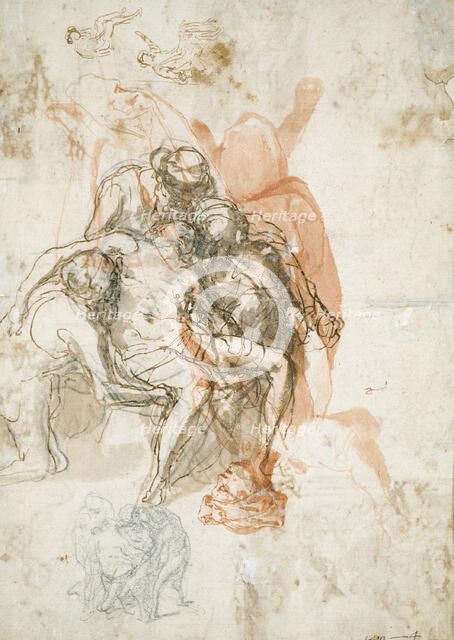 Three Figures Supporting a Man, Smaller Sketch of the Same, and Studies for the..., c.1558. Creator: Taddeo Zuccaro.