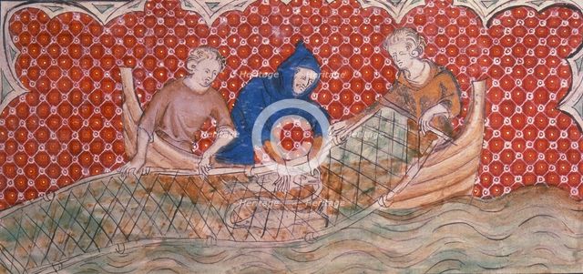 Three fishermen hauling in their catch, c1300-c1325. Creator: Unknown.