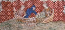 Three fishermen hauling in their catch, c1300-c1325. Creator: Unknown