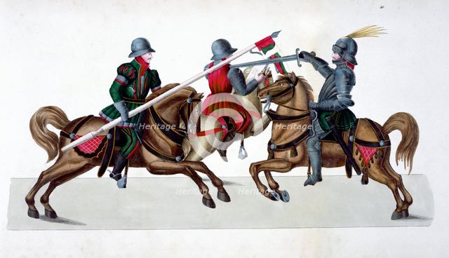 Three knights jousting at a tournament, 1842. Creator: Friedrich Martin von Reibisch.