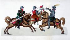 Three knights jousting at a tournament, 1842. Creator: Friedrich Martin von Reibisch
