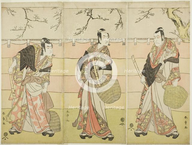 Three Komuso Monks: The Actors Ichikawa Ebizo (Danjuro V) as Kudo Suketsune (right)..., c. 1792. Creator: Shunsho.