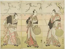 Three Komuso Monks: The Actors Ichikawa Ebizo (Danjuro V) as Kudo Suketsune (right)..., c. 1792. Creator: Shunsho