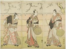Three Komuso Monks: The Actors Ichikawa Ebizo (Danjuro V) as Kudo Suketsune (right)..., c. 1792. Creator: Shunsho