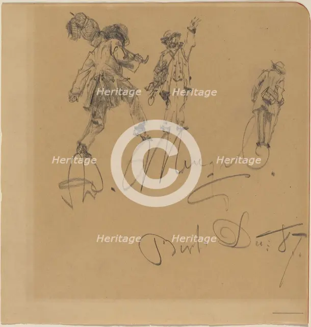 Three Hobos on the Artist's Signature, 1887. Creator: Adolph Menzel.