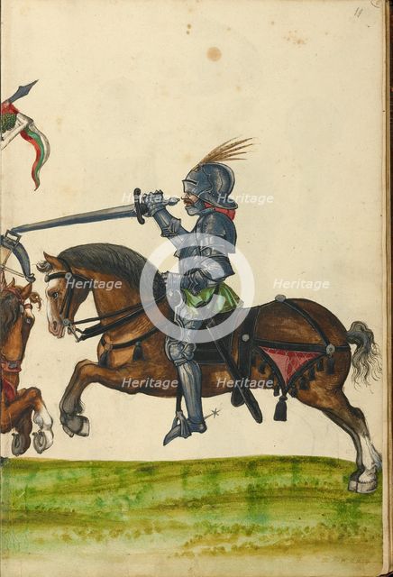 Three Horsemen in Armor from the Time of Emperor Sigismund; Tournament Book, about 1560-1570. Creator: Unknown.