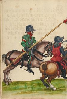 Three Horsemen in Armor from the Time of Emperor Sigismund; Tournament Book, about 1560-1570. Creator: Unknown