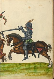 Three Horsemen in Armor from the Time of Emperor Sigismund; Tournament Book, about 1560-1570. Creator: Unknown