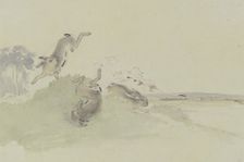 Three hares startled by the railway, mid-19th century. Creator: Friedrich Wilhelm Keyl