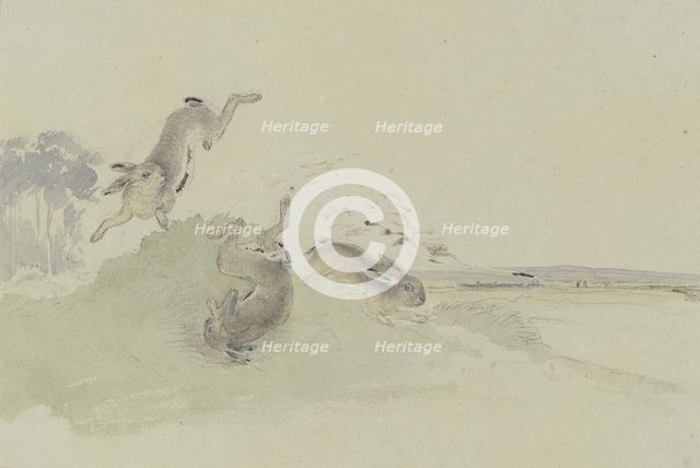 Three hares startled by the railway, mid-19th century. Creator: Friedrich Wilhelm Keyl.