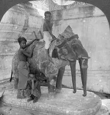 Three headed elephant guarding a sanctuary, Arakan Pagoda, Mandalay, Burma, 1908. Artist: Stereo Travel Co