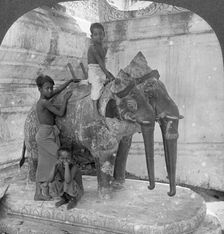 Three headed elephant guarding a sanctuary, Arakan Pagoda, Mandalay, Burma, 1908. Artist: Stereo Travel Co