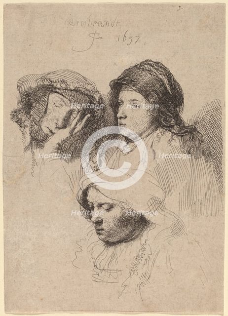Three Heads of Women, One Asleep, 1637. Creator: Rembrandt Harmensz van Rijn.