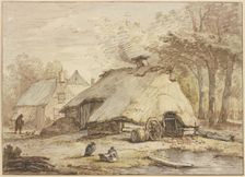 Three huts under trees, three ducks sitting in the foreground. Creator: Anthonie van Borssom