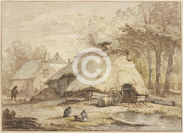 Three huts under trees, three ducks sitting in the foreground. Creator: Anthonie van Borssom.