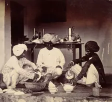 Three Indian domestic servants at work, 1870s. Creator: Willoughby Wallace Hooper