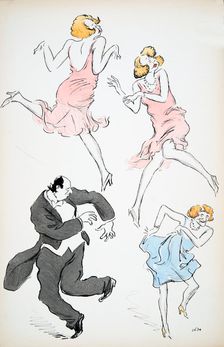 Three illustrations of transvestites in blue and pink dresses dancing with a larger gentleman in whi