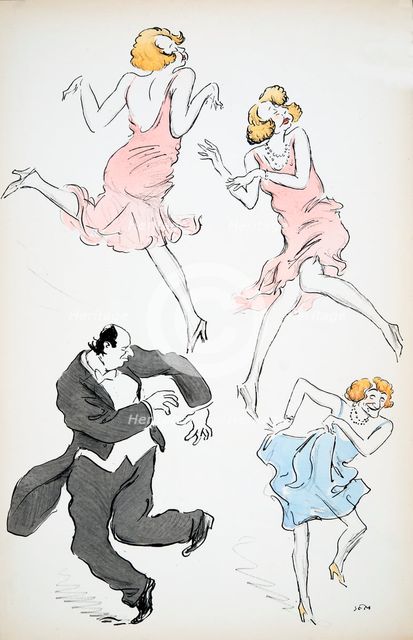 Three illustrations of transvestites in blue and pink dresses dancing with a larger gentleman in whi