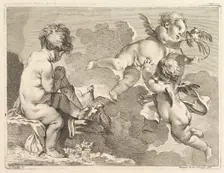Three Loves, one of which is seated, holding a quiver, 1727-60. Creator: Pierre Alexandre Aveline