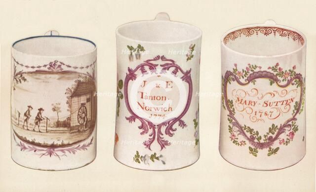 Three Lowestoft Mugs, (18th century), 1937. Artist: Unknown