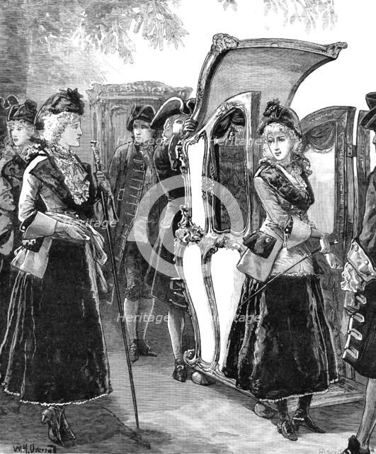 Three ladies of fashion on their way to "Ye Olde English Fayre," at the Albert Hall, 1881. Creator: W. I. Mosses.