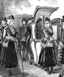 Three ladies of fashion on their way to "Ye Olde English Fayre," at the Albert Hall, 1881. Creator: W. I. Mosses