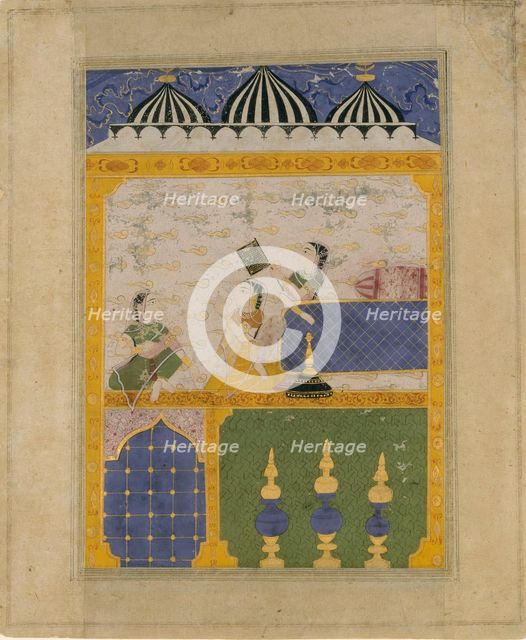 Three Ladies in a Palace Interior: Page from a Dispersed Laur Chanda..., 1520-30. Creator: Unknown.