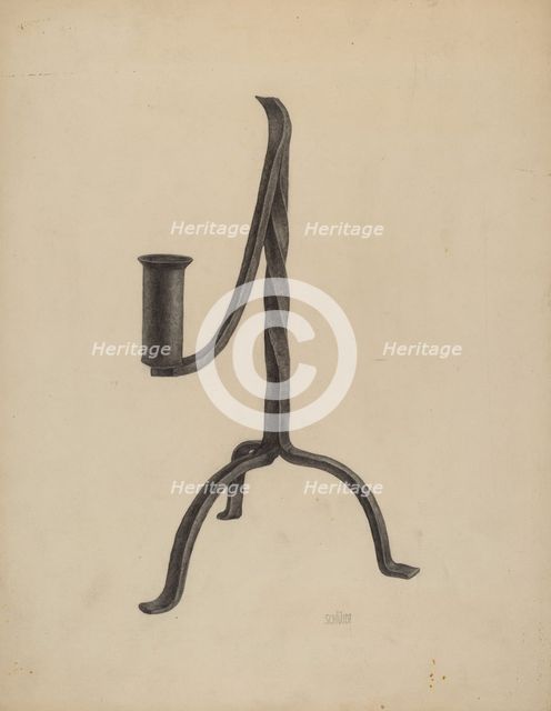 Three Legged Candlestick, c. 1938. Creator: William Schmidt.