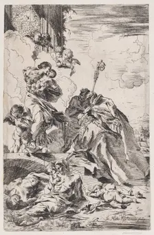Three Lucchese saints Sts Nicholas Tolentino, Nicholas of Bari interceding with the Virgin..., 1691. Creator: Johann Michael Feichtmayr the Elder