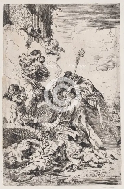 Three Lucchese saints Sts Nicholas Tolentino, Nicholas of Bari interceding with the Virgin..., 1691. Creator: Johann Michael Feichtmayr the Elder.