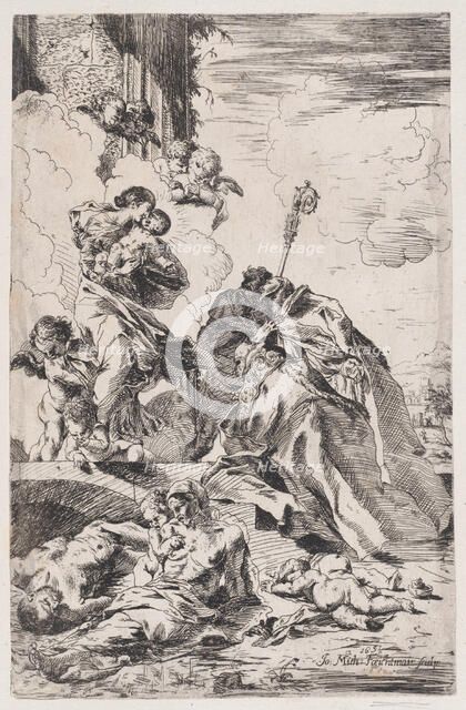 Three Lucchese saints Sts Nicholas Tolentino, Nicholas of Bari interceding with the Virgin..., 1691. Creator: Johann Michael Feichtmayr the Elder.