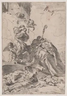 Three Lucchese saints Sts Nicholas Tolentino, Nicholas of Bari interceding with the V..., 1650-1700. Creator: Anon