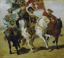 Three mounted standard bearers, 1879. Creator: Hans Makart
