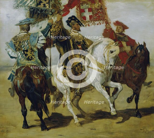 Three mounted standard bearers, 1879. Creator: Hans Makart.