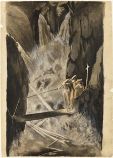 Three Monks Crossing a Bridge Over a Cataract, n.d. Creator: Unknown