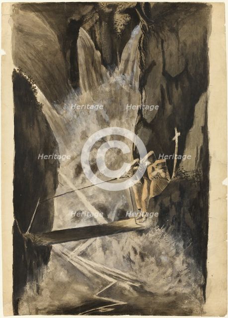 Three Monks Crossing a Bridge Over a Cataract, n.d. Creator: Unknown.